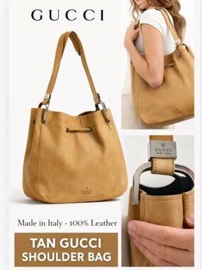 Vintage Gucci Tan Leather Shoulder Bag Made In Italy Minimalist Hobo Luxury Tote